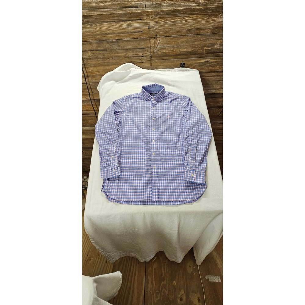 Polo Ralph Lauren Mens Large Blue Pink Plaid Cotton Stretch Button Down Shirt